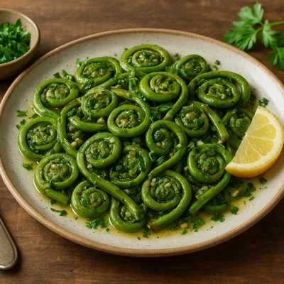 Gebratene Fiddleheads mit Knoblauch, Zitrone und frischen Kräutern