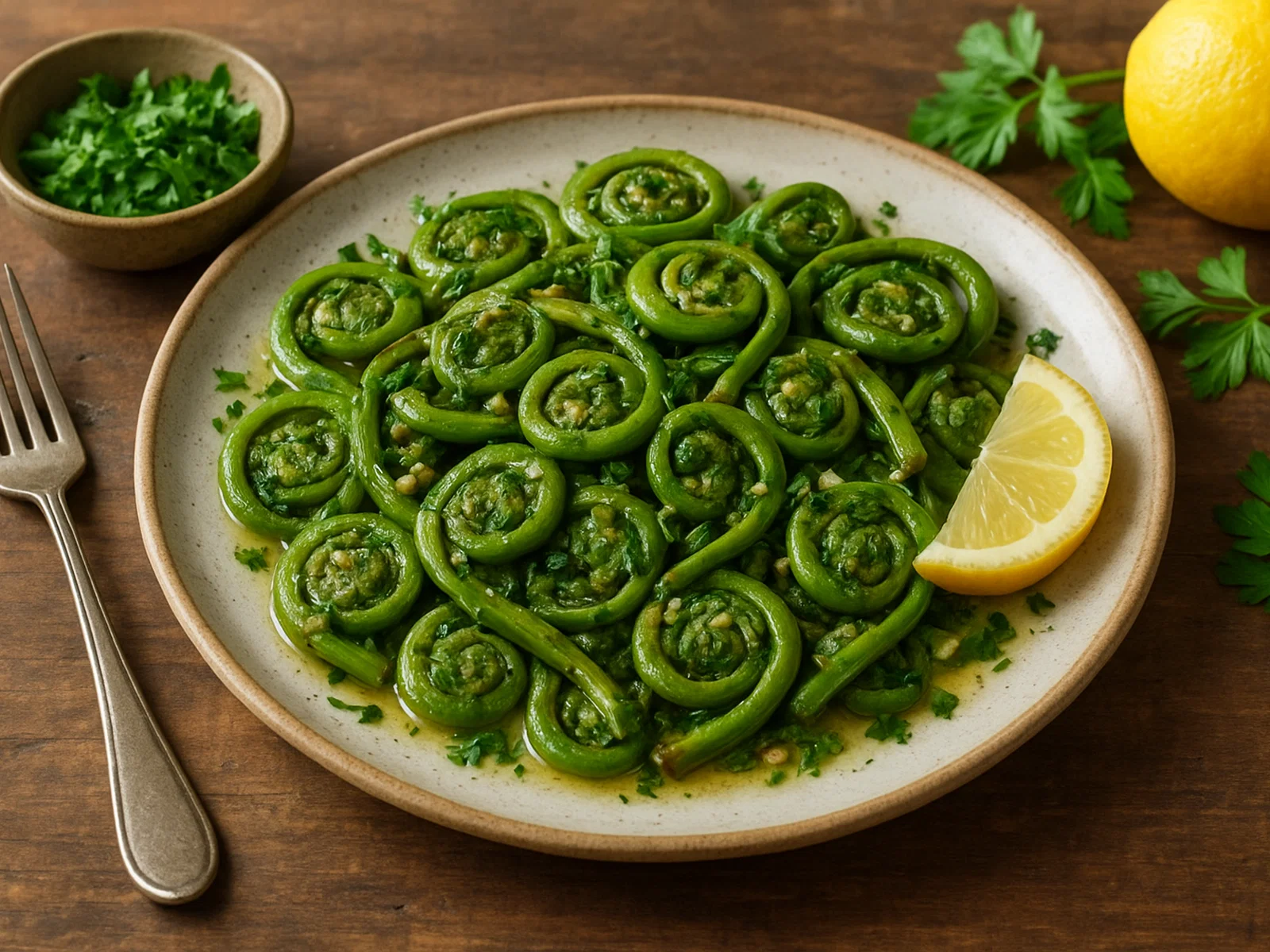Gebratene Fiddleheads mit Knoblauch, Zitrone und frischen Kräutern