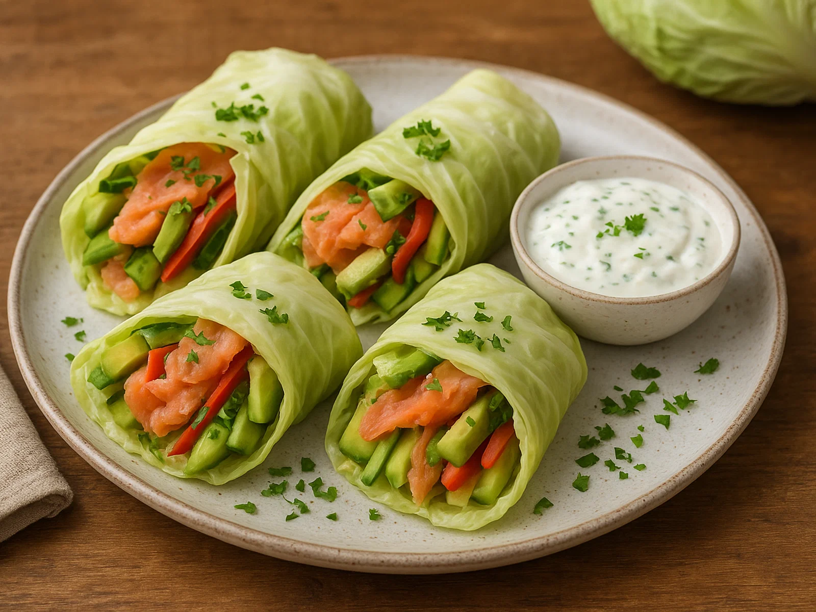 Spitzkohl-Wraps mit Lachs und Avocado