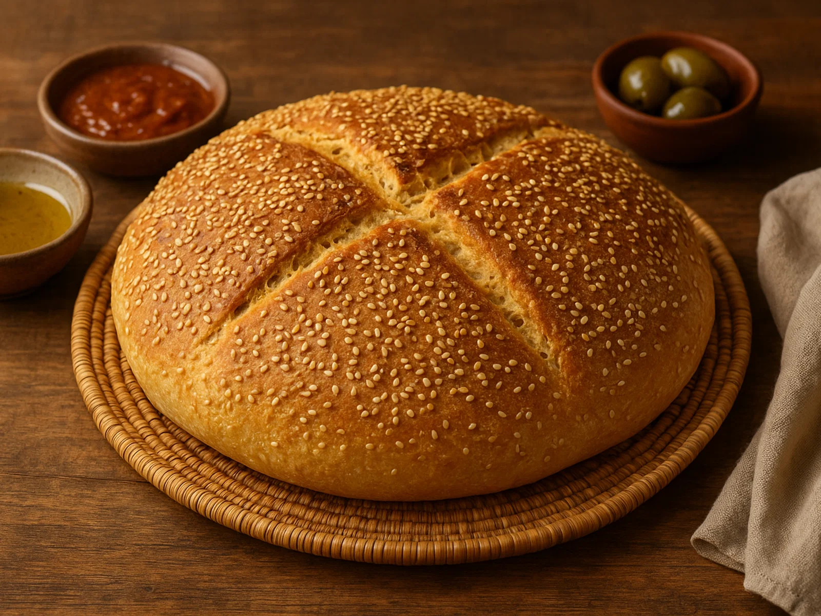 Khobz Tabouna – Tunesisches Olivenöl-Sesam-Brot