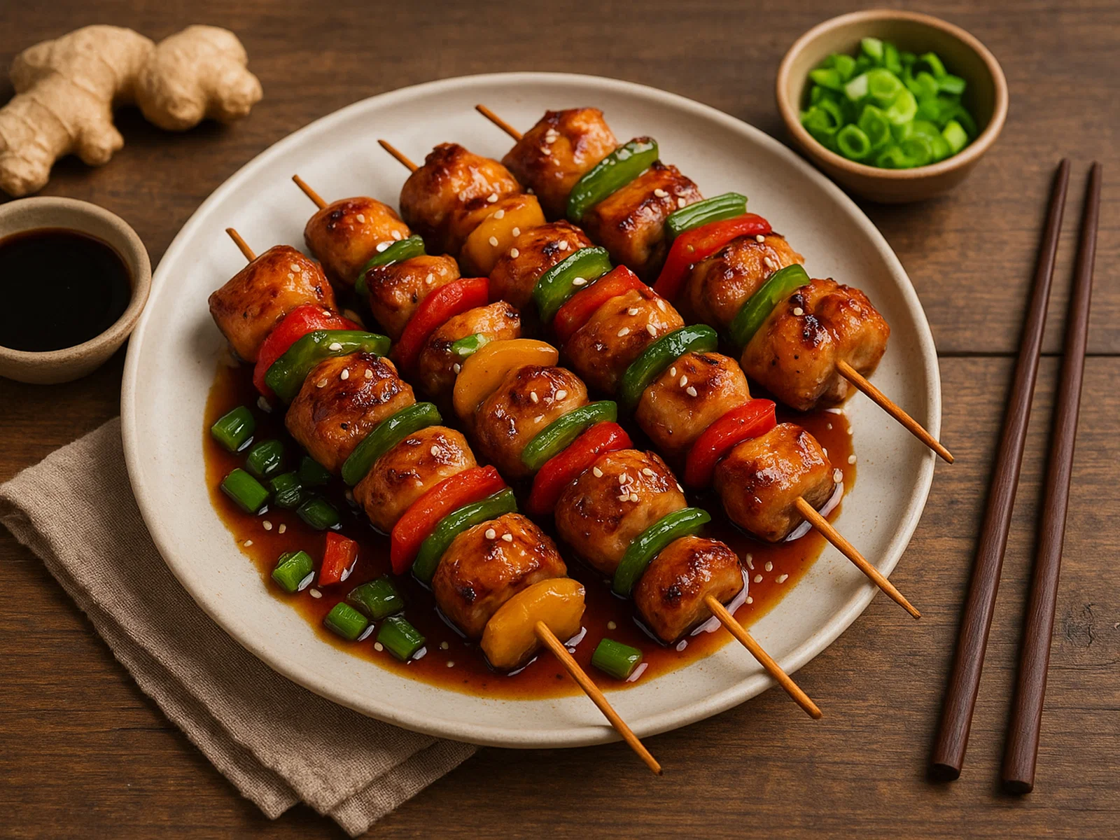 Asiatische Teriyaki-Spieße mit Hähnchen und Gemüse