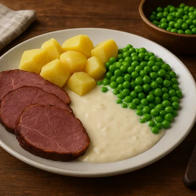 Hangikjöt mit Kartoffeln, weißer Soße und grünen Erbsen