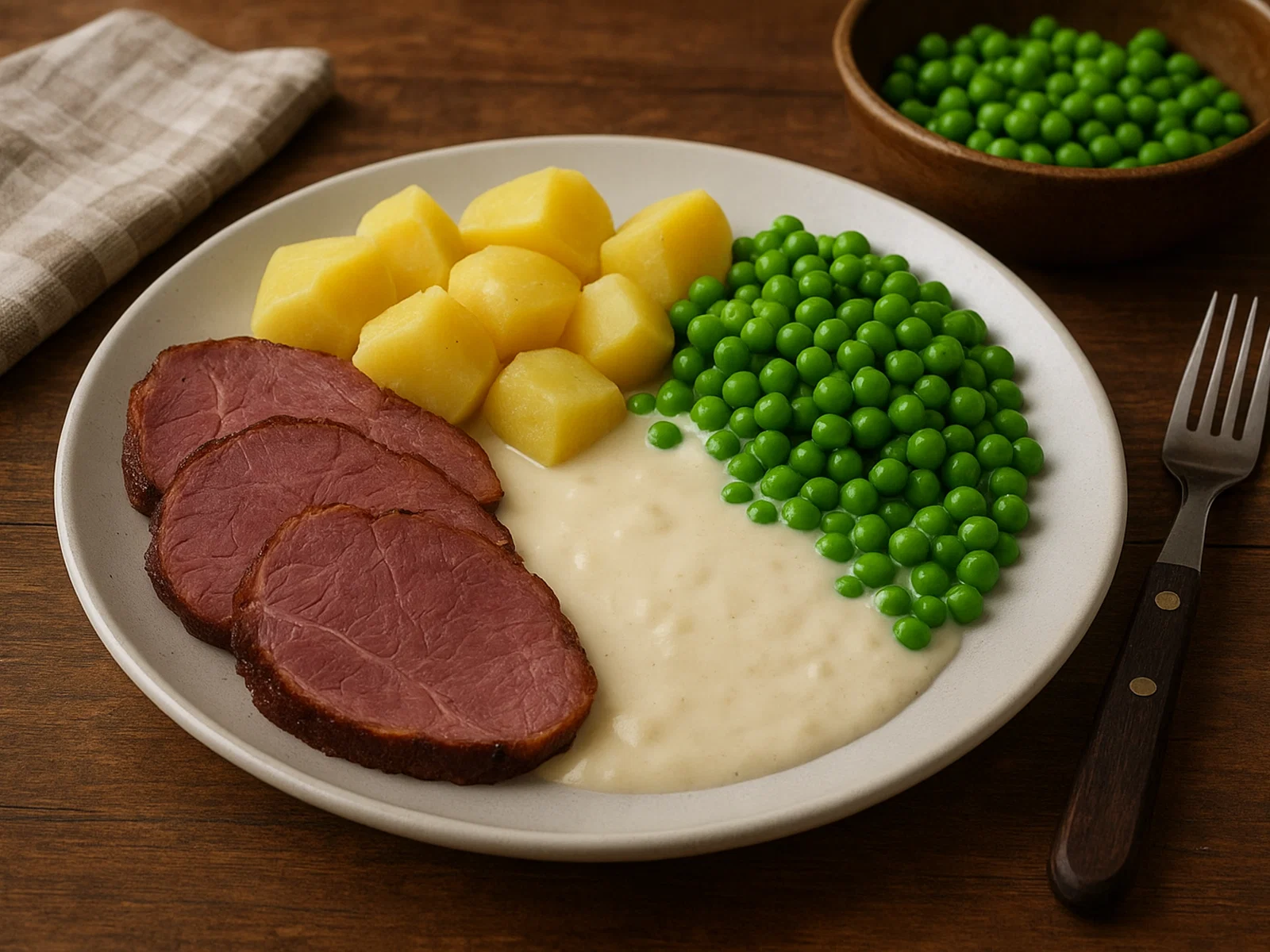 Hangikjöt mit Kartoffeln, weißer Soße und grünen Erbsen