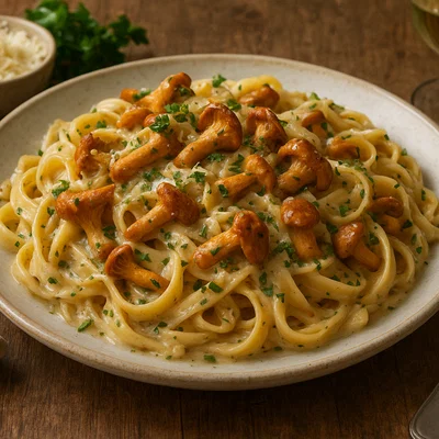Cremige Pfifferling-Pasta mit Weißwein und Kräutern
