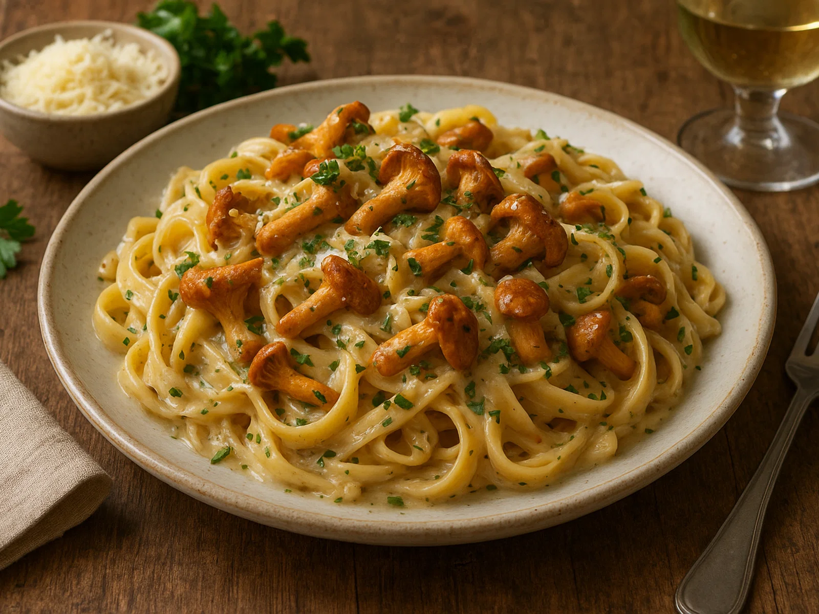 Cremige Pfifferling-Pasta mit Weißwein und Kräutern