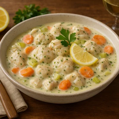 Cremiges Fischragout mit Weißwein und Kräutern