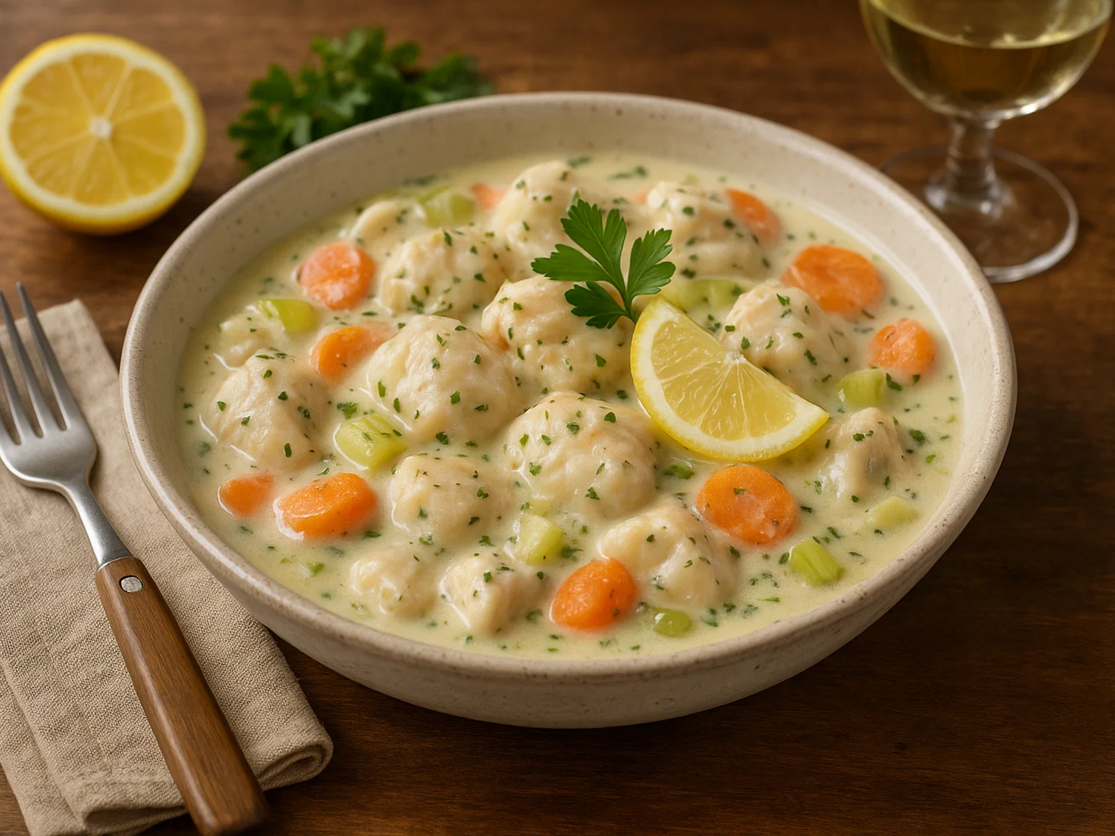 Cremiges Fischragout mit Weißwein und Kräutern