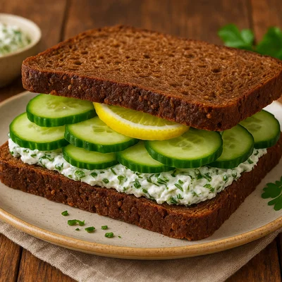 Gurken-Schwarzbrot-Sandwich mit Kräuterfrischkäse