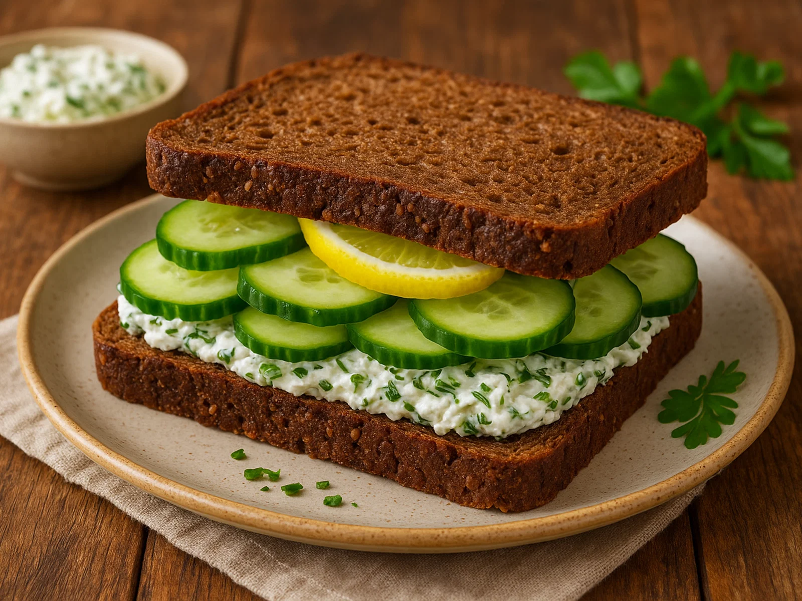 Gurken-Schwarzbrot-Sandwich mit Kräuterfrischkäse