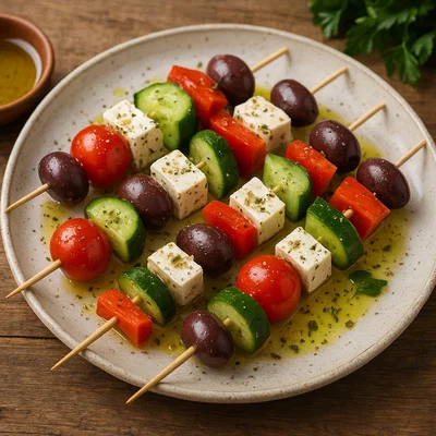 Griechische Salat-Spieße mit Feta und Oliven