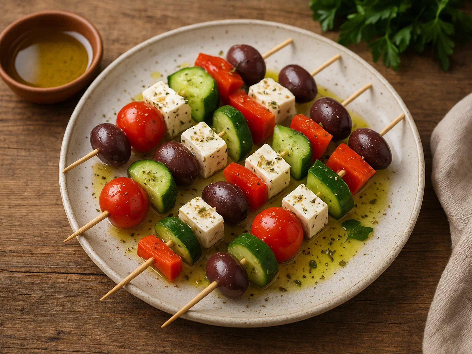 Griechische Salat-Spieße mit Feta und Oliven