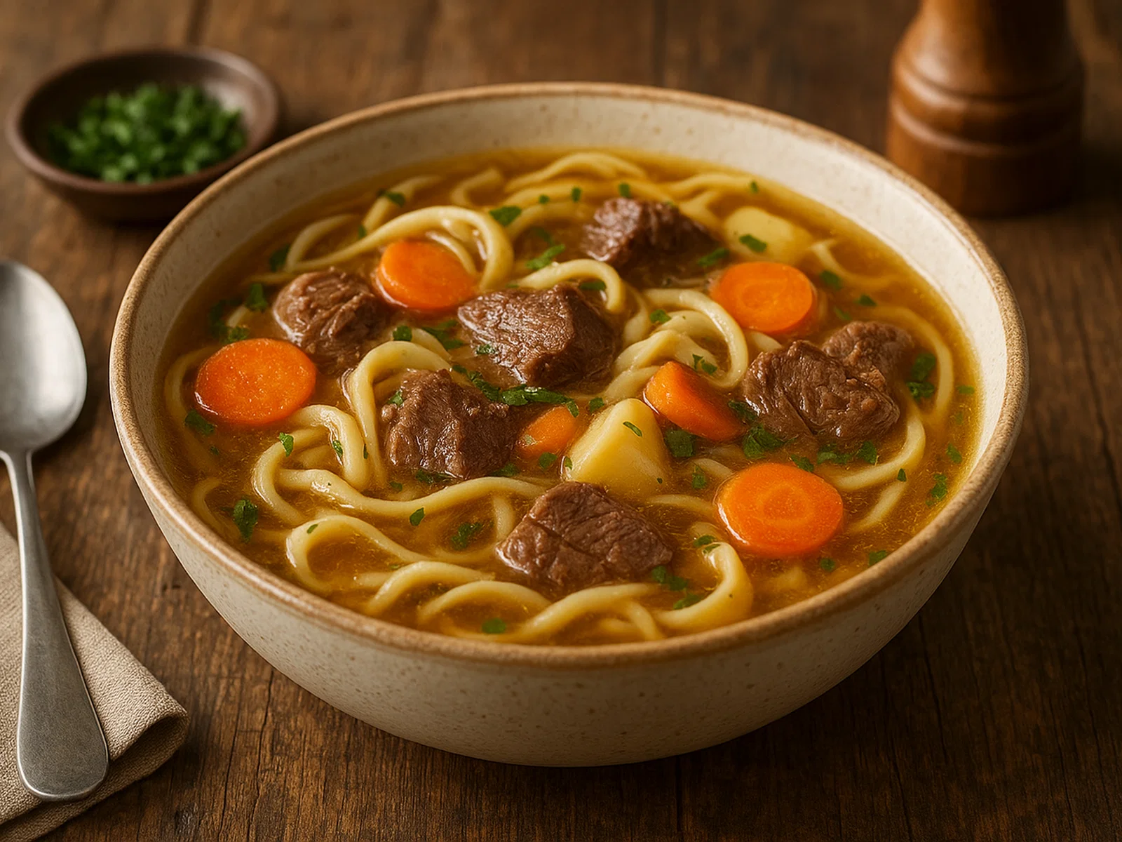 Rindfleischnudelsuppe mit aromatischer Brühe
