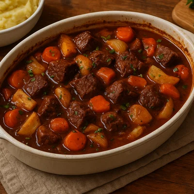 Rindfleischauflauf mit Rotwein und Wurzelgemüse