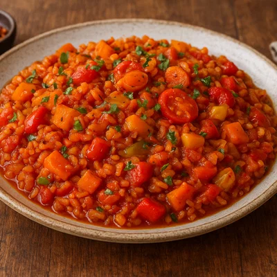 Würziger roter Reis mit Gemüse und Tomaten