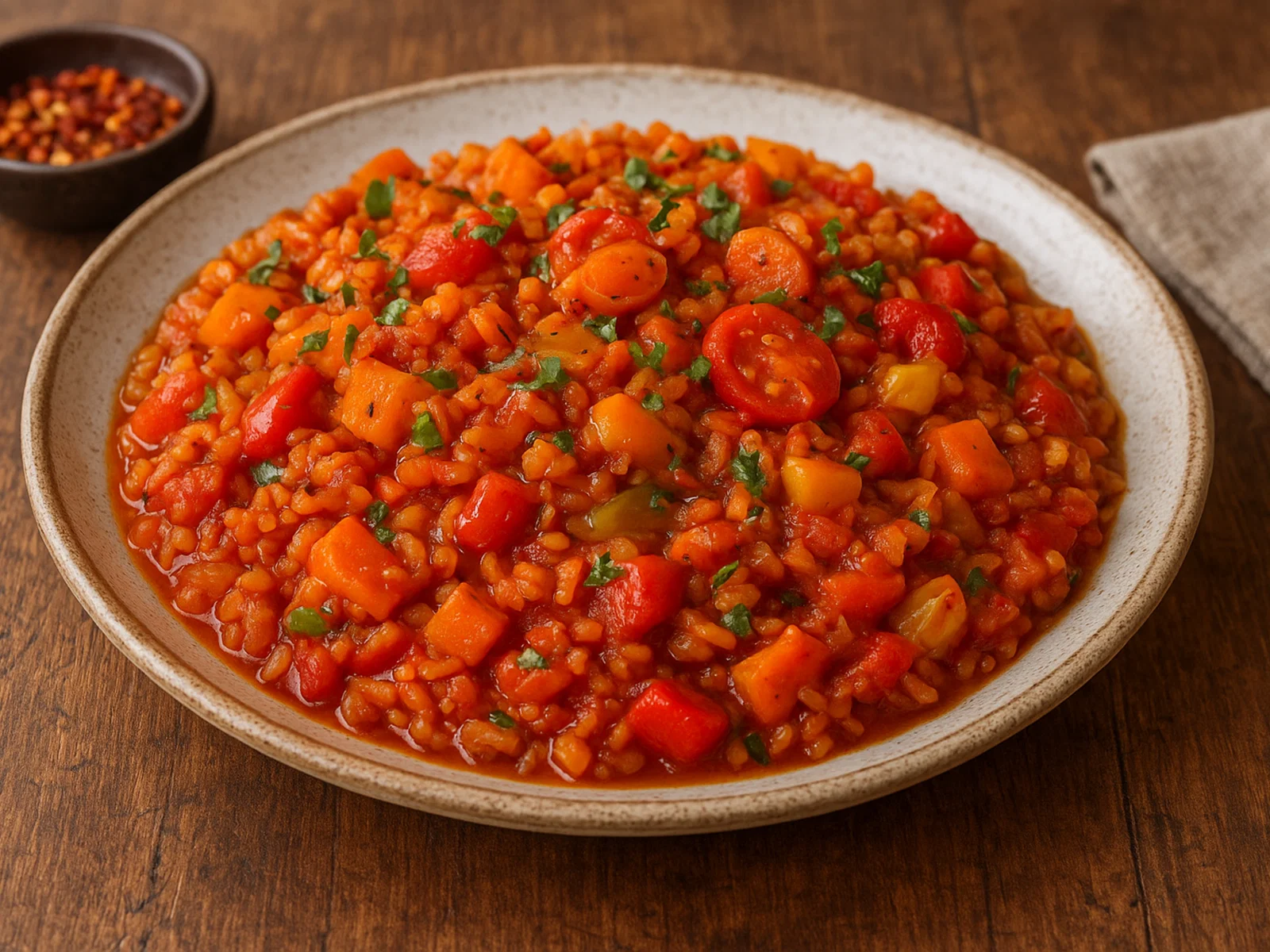 Würziger roter Reis mit Gemüse und Tomaten