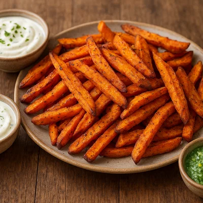 Süßkartoffel-Pommes aus dem Ofen mit drei Dips