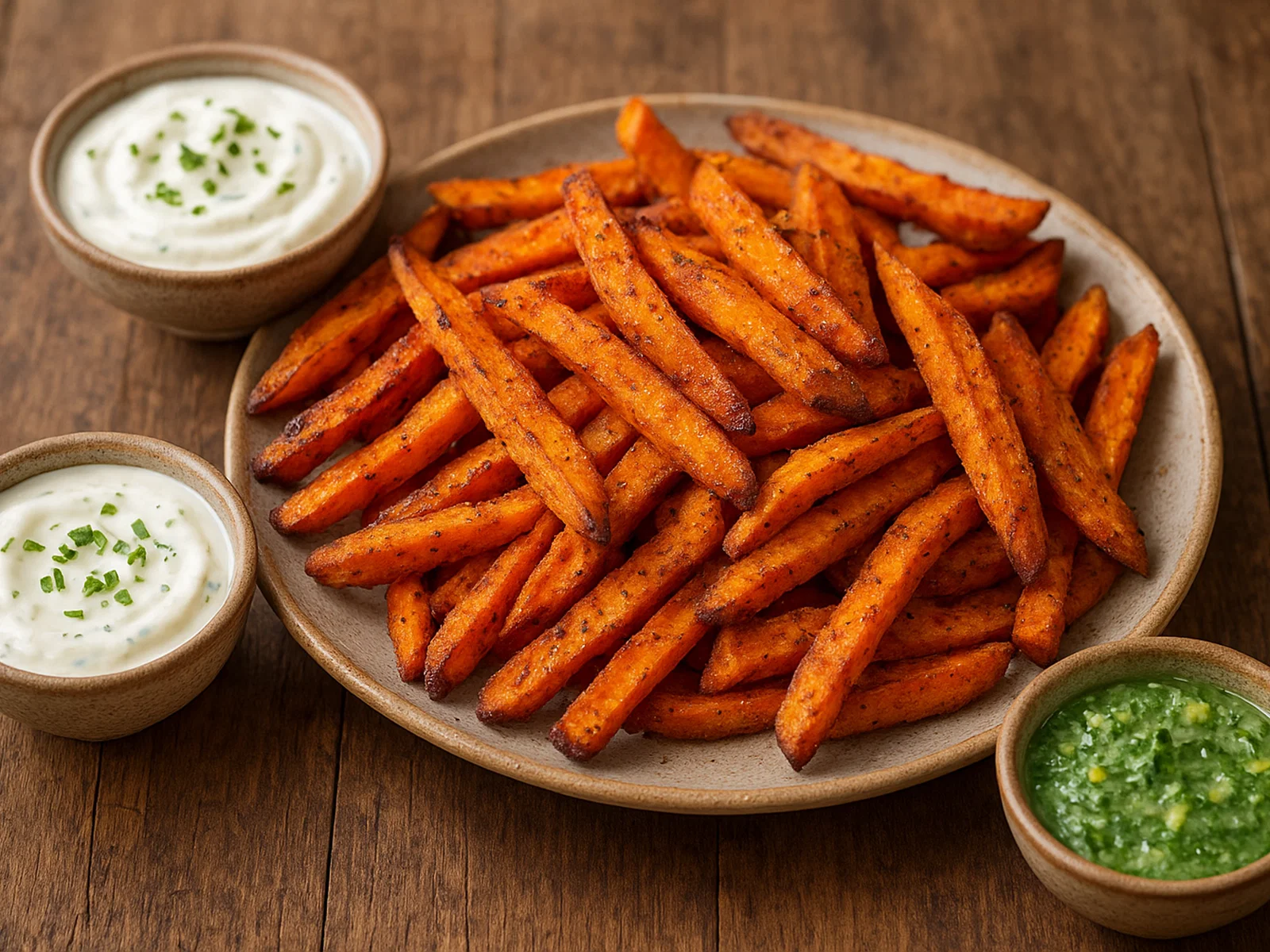 Süßkartoffel-Pommes aus dem Ofen mit drei Dips