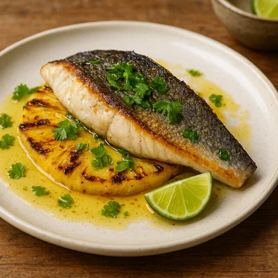 Loup de Mer auf gegrillter Ananas mit Limetten-Honig-Marinade