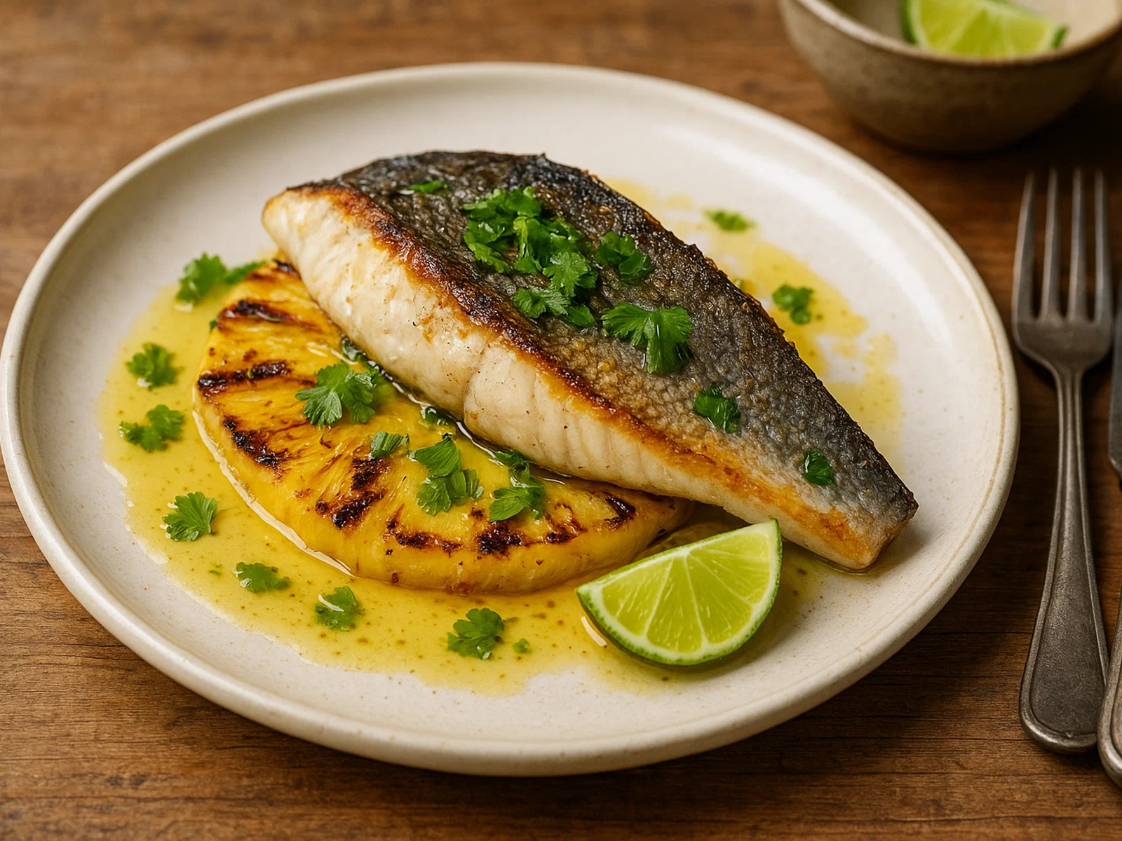 Loup de Mer auf gegrillter Ananas mit Limetten-Honig-Marinade