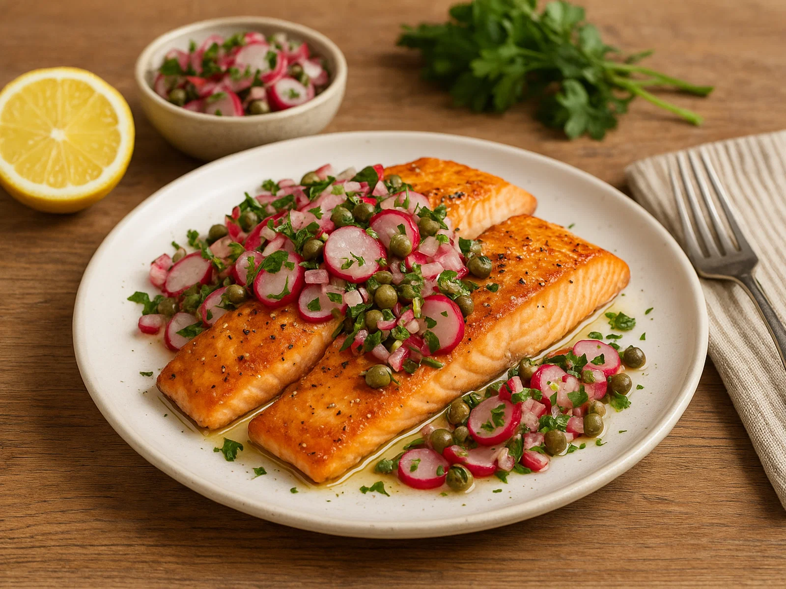 Gebackener Lachs mit Radieschen-Kapern-Salsa