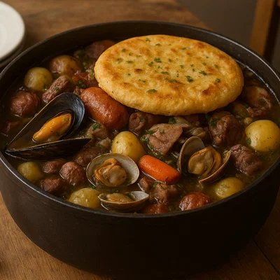 Curanto im Topf (chilenischer Meeresfrüchte- und Fleisch-Eintopf)
