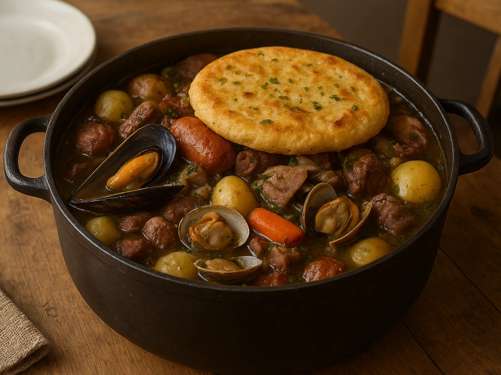 Curanto im Topf (chilenischer Meeresfrüchte- und Fleisch-Eintopf)