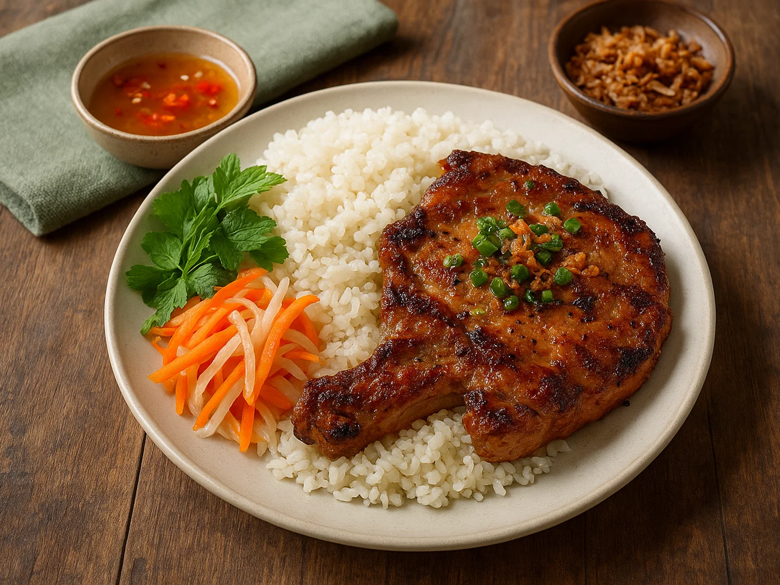 Cơm Tấm – Vietnamesischer Reis mit gegrilltem Schweinekotelett