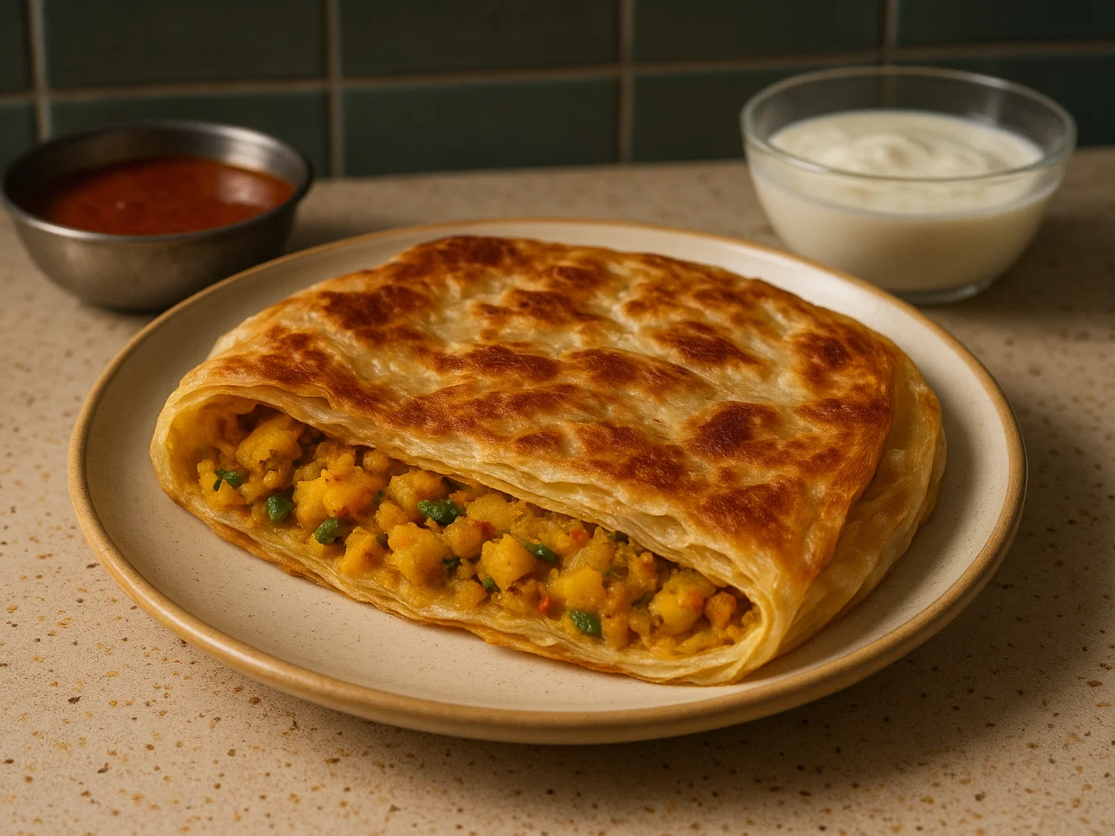 Gefüllte Roti Prata (indisches/singapurisches Pfannenbrot)