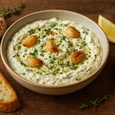 Ziegenkäse-Dip mit geröstetem Knoblauch und frischen Kräutern