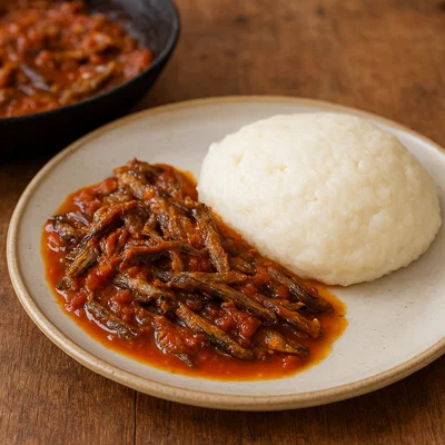 Kapenta mit Sadza (Sambesi-Sardinen mit Maisbrei)