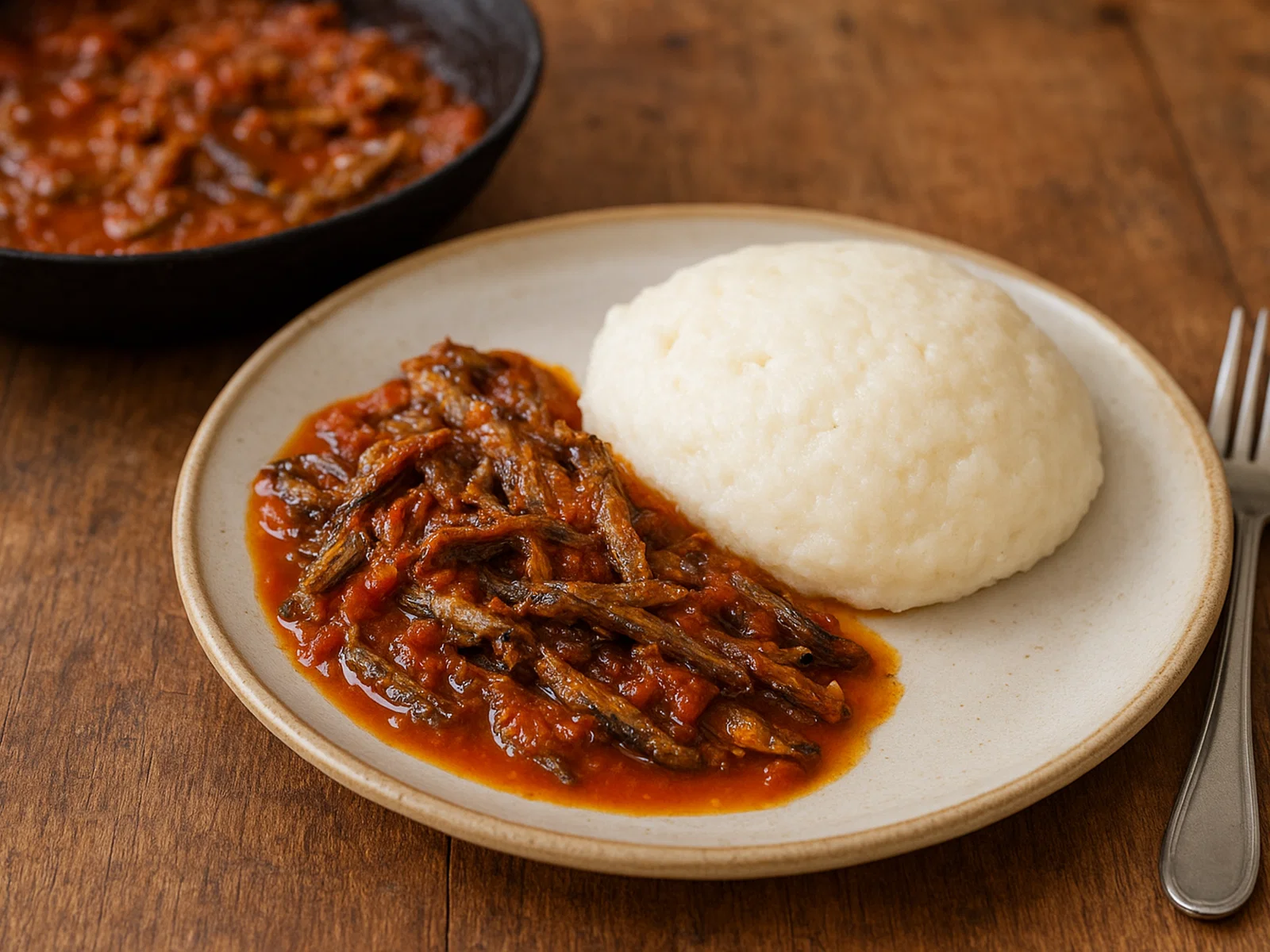 Kapenta mit Sadza (Sambesi-Sardinen mit Maisbrei)