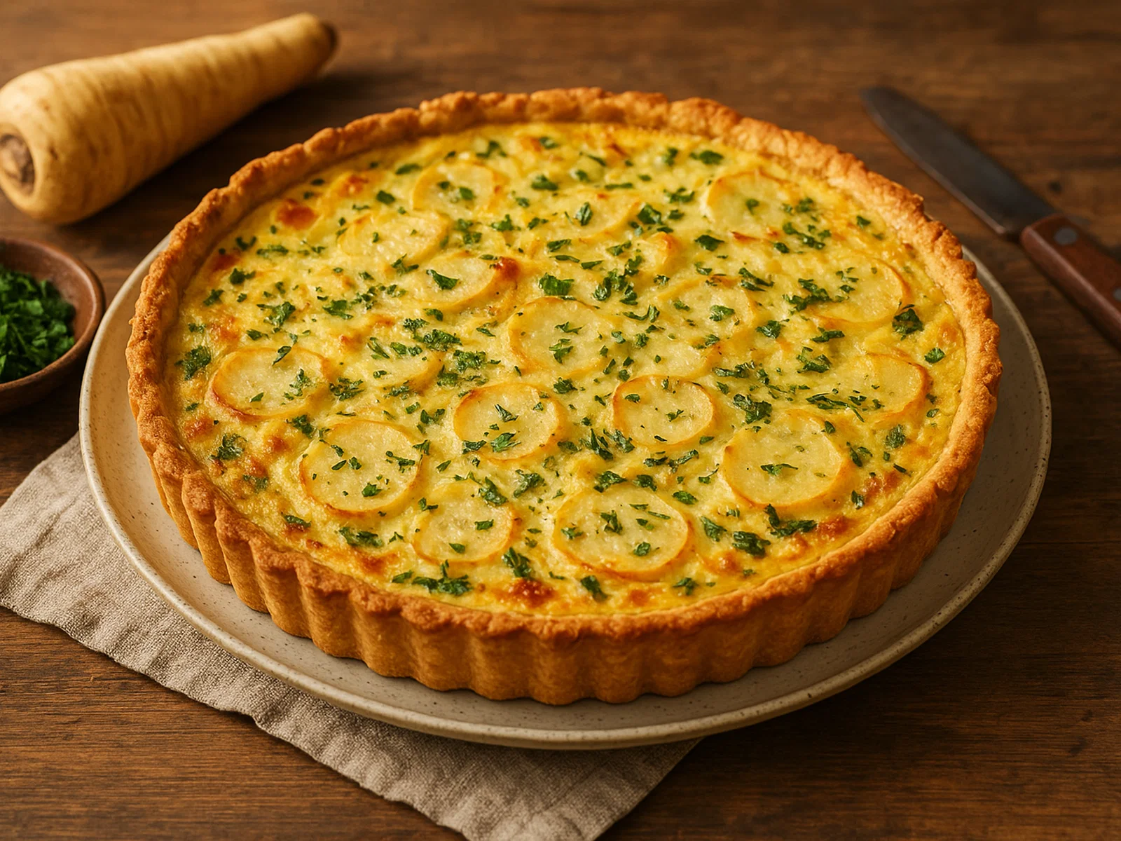 Pastinaken-Quiche mit Kräutern und Käse