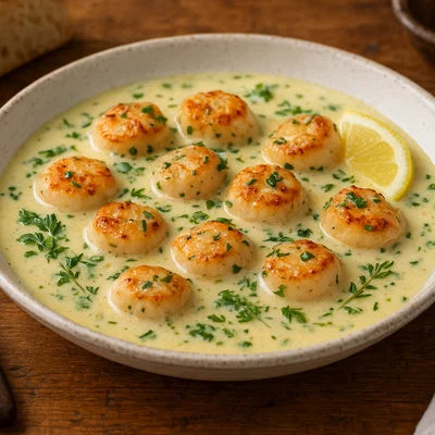 Manx Queenies in cremiger Weißwein-Kräutersauce
