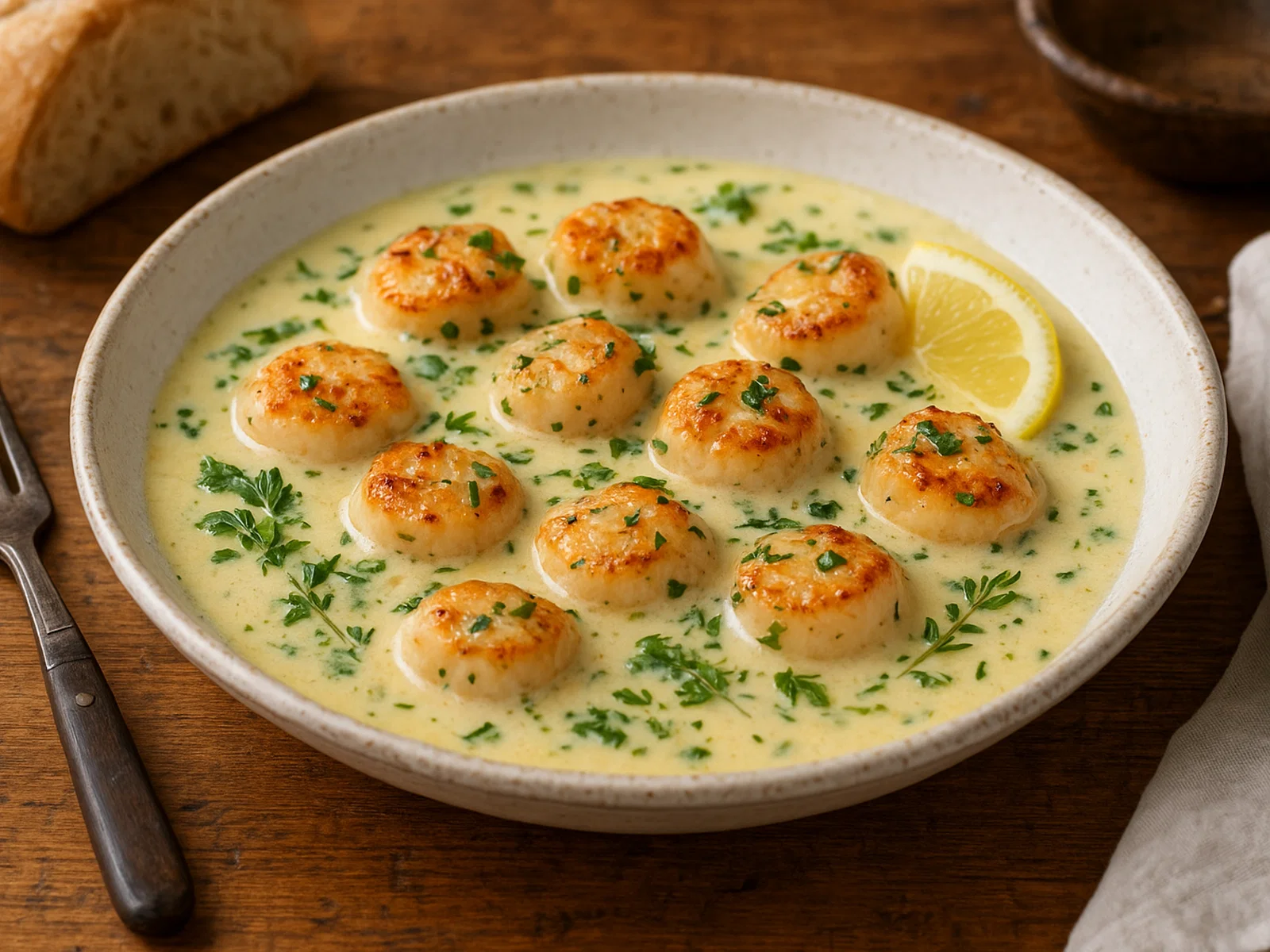 Manx Queenies in cremiger Weißwein-Kräutersauce