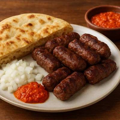 Hausgemachte Cevapi mit Fladenbrot, Zwiebeln und Ajvar