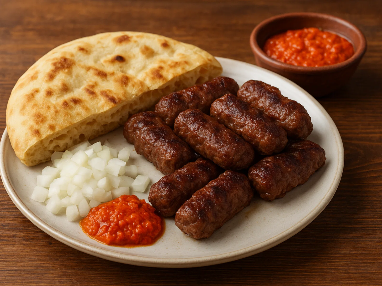 Hausgemachte Cevapi mit Fladenbrot, Zwiebeln und Ajvar