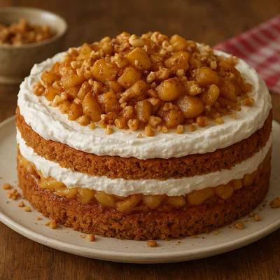 Schneewittchentorte mit Äpfeln, Sahne und Nüssen