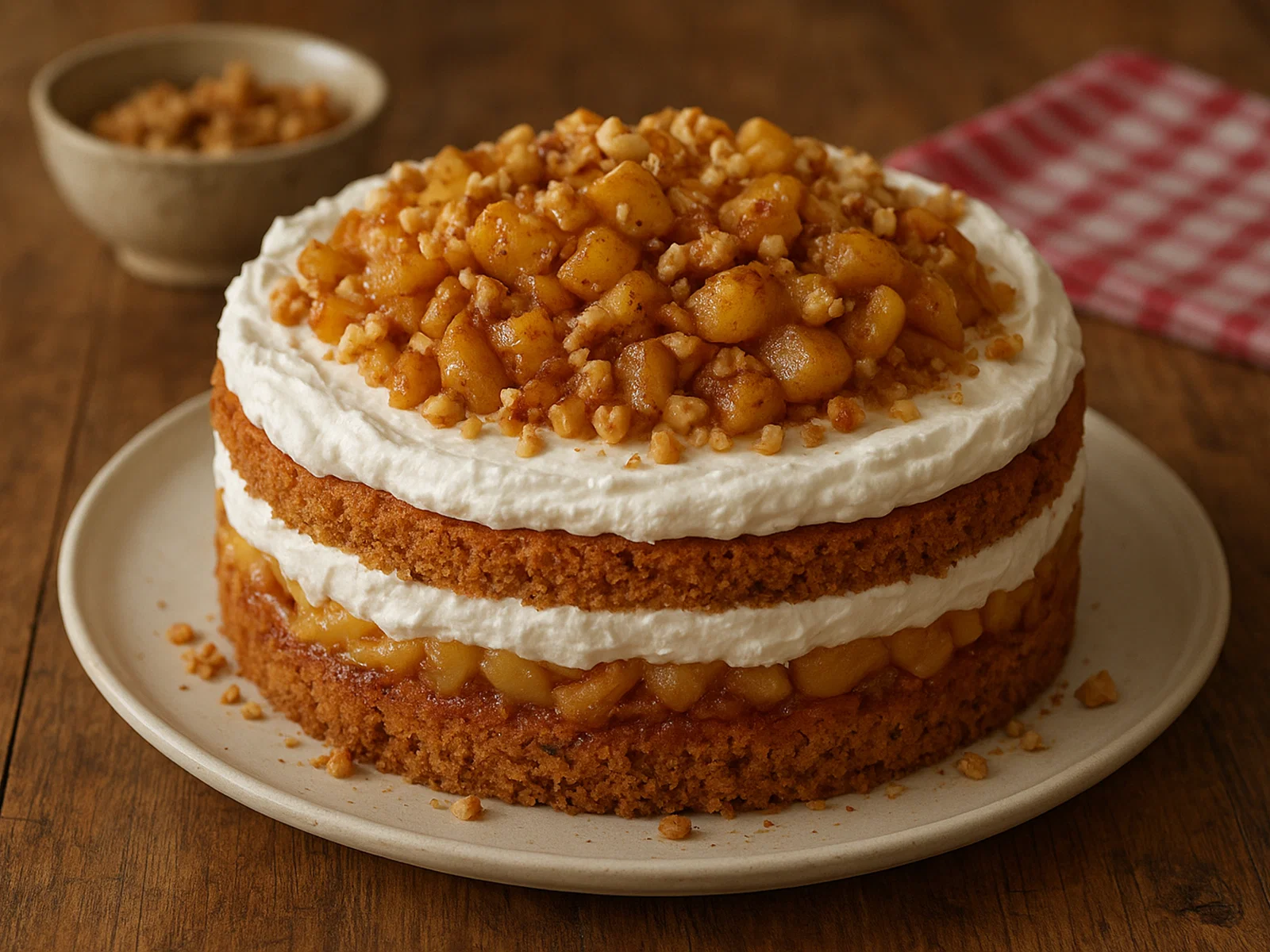 Schneewittchentorte mit Äpfeln, Sahne und Nüssen