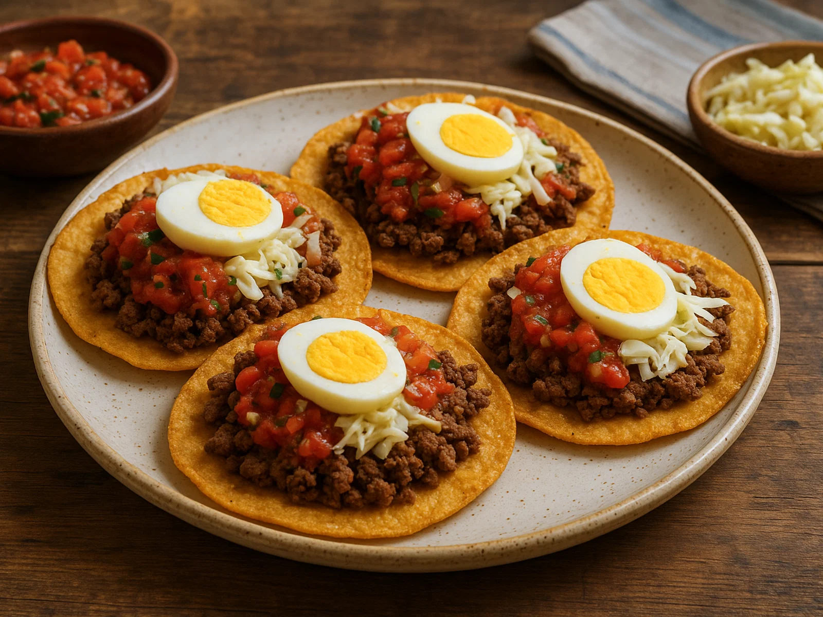 Enchiladas Hondureñas (Honduranische Tostadas mit Rinderhack und Gemüse)