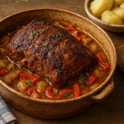 Slowakische Pečienka (geschmorte Schweineschulter mit Knoblauch und Majoran)