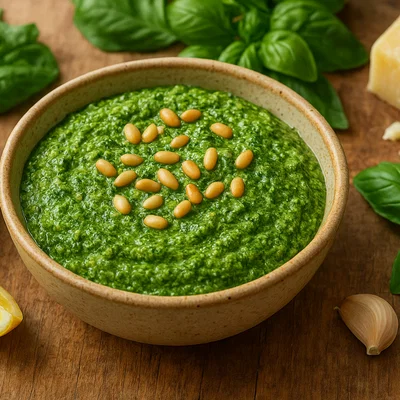 Cremiges Spinat-Pesto mit Basilikum und Pinienkernen