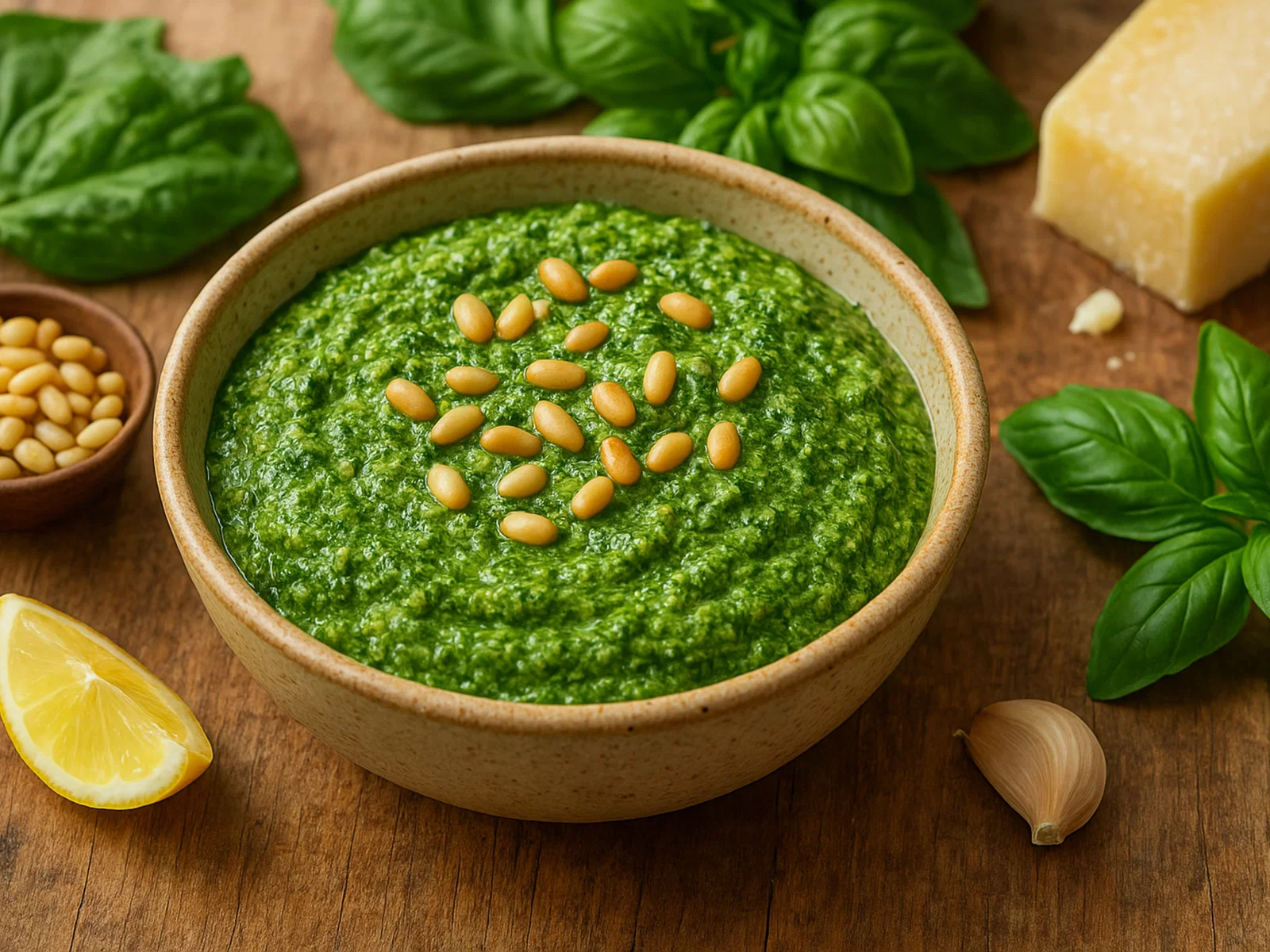 Cremiges Spinat-Pesto mit Basilikum und Pinienkernen