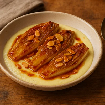 Chicorée-Dessert mit Karamell und Mandeln
