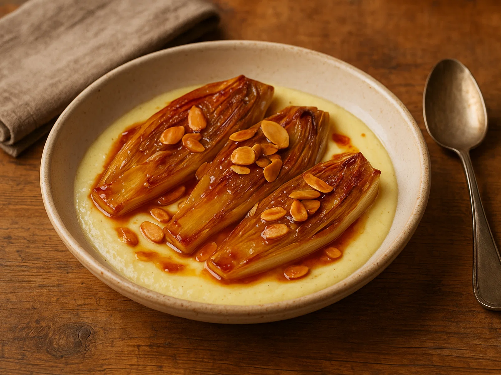 Chicorée-Dessert mit Karamell und Mandeln