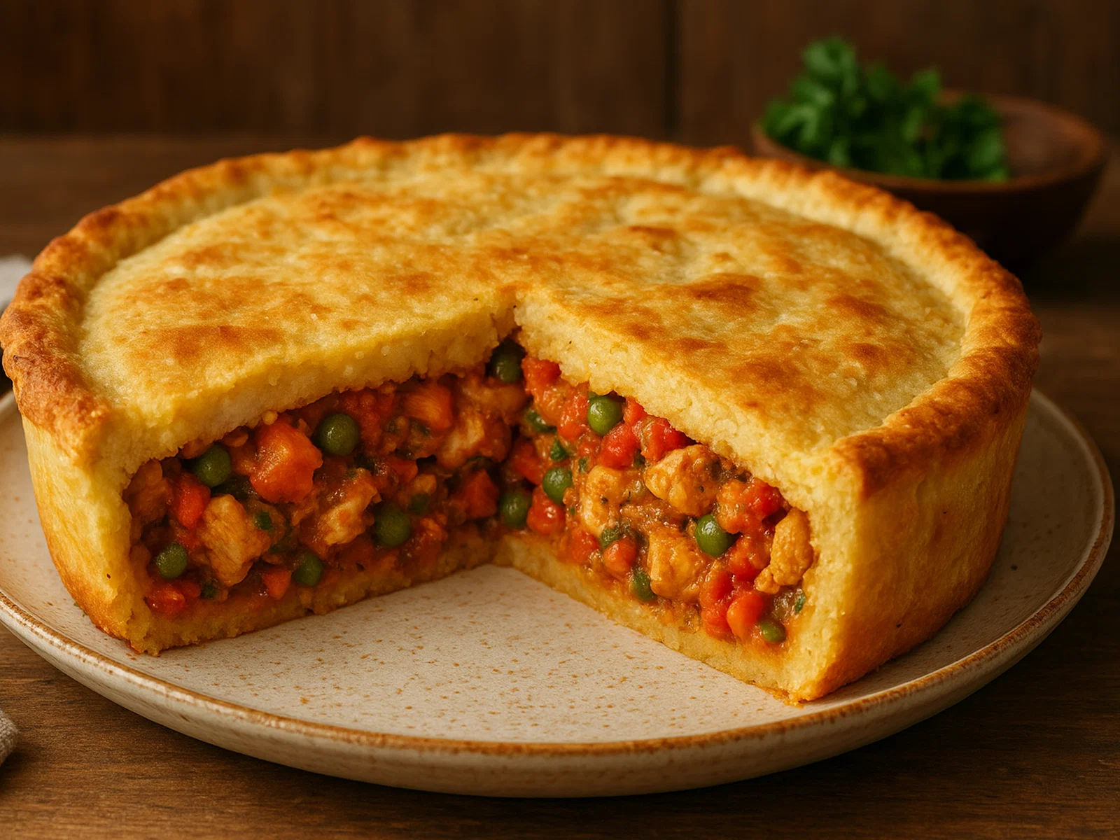 Herzhafte Cassava Pie mit würziger Hähnchen-Gemüse-Füllung