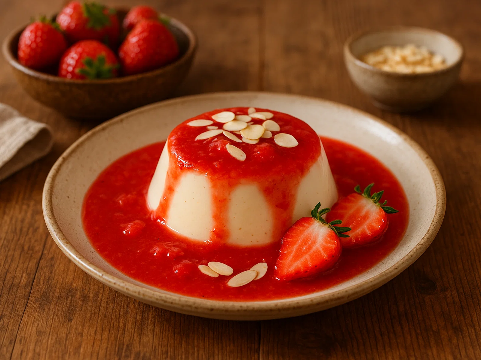 Mandelmilch-Panna-Cotta mit Erdbeersauce