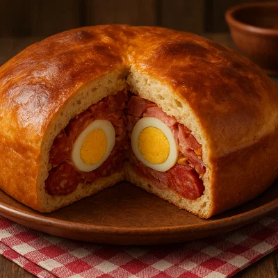Bollo de Hornazo – Spanisches Osterbrot mit Chorizo, Schinken und Ei