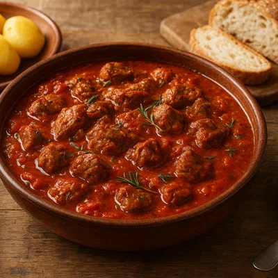Maltesische Fenkata (geschmortes Lamm in Tomaten-Kräuter-Sauce)