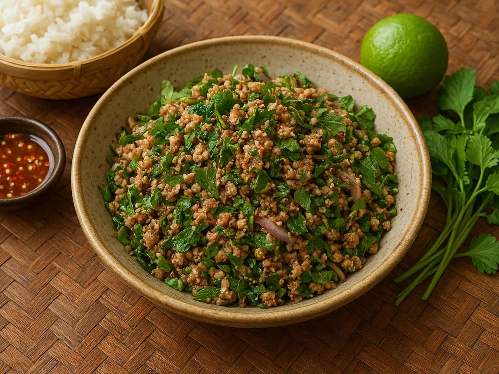Laotisches Laap (Würziger Kräutersalat mit Hackfleisch)