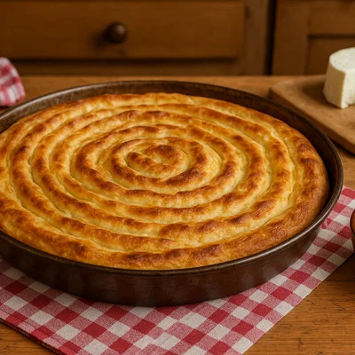 Traditionelle albanische Flija aus dem Ofen
